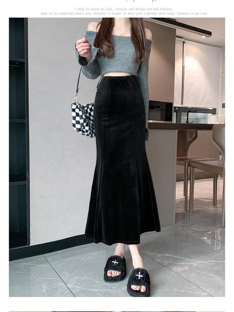 830 Composite Super Soft Black Gold Velvet High-Waist Fishtail Skirt - Women's Retro Slimming Mid-Length Hip-Hugging Skirt