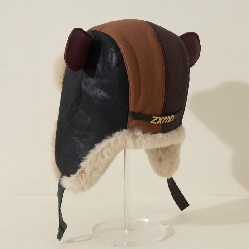 Unisex Winter Fleece Lined Aviator Hat With Bear Ear Detail Faux Leather Warm Beanie Cold Weather Outdoor Use