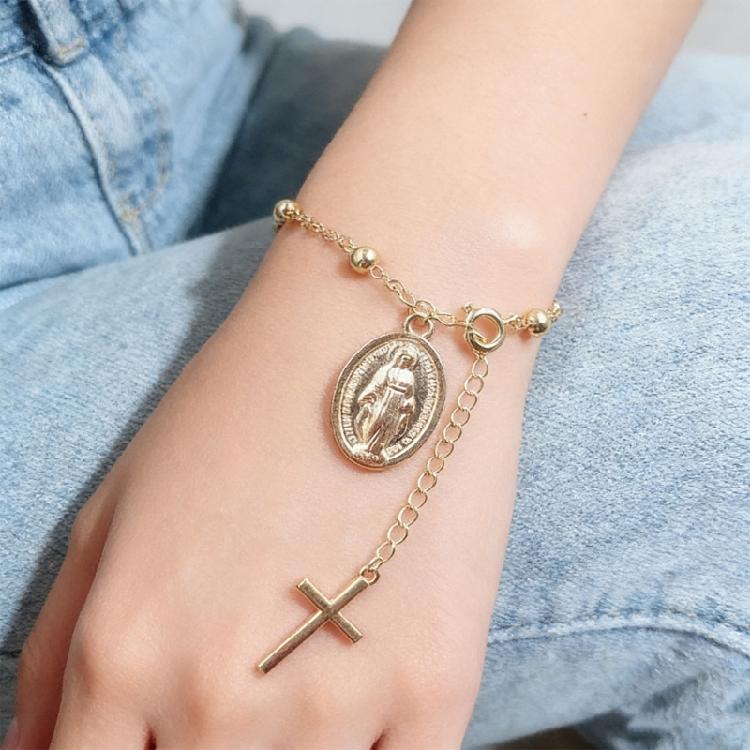 Bracciale Portatile con Croce e Perline della Vergine con Catena di Estensione da 5 cm