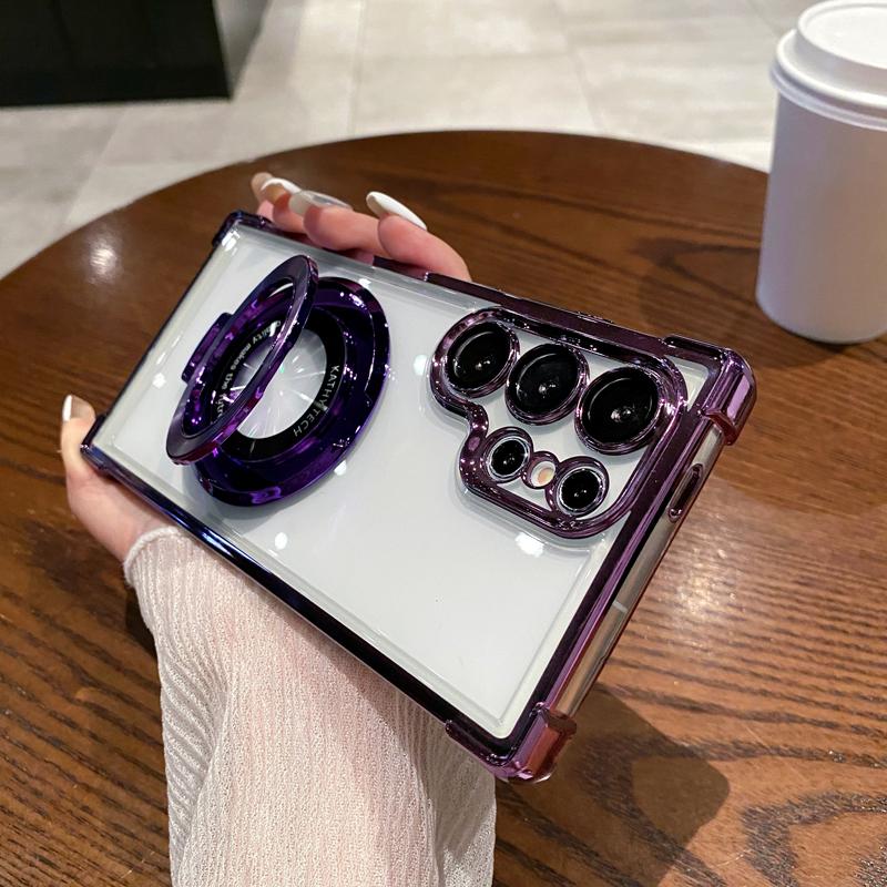 Four Corners Anti Drop Transparent Electroplated Magnetic Stand Protective Case For Samsung Galaxy S2 S24 S23 S22 Ultra Plus FE