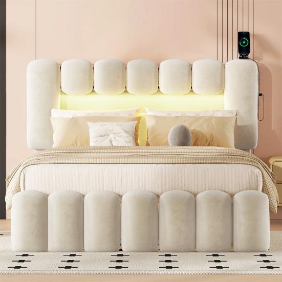 140 X 200cm Large Storage Capacity Upholstered Bed with LED Light Strip USB 4 Drawers Headboard Ergonomic Design Velvet Cover Teen Bed Home