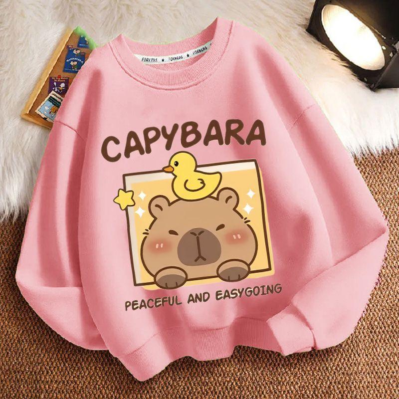 Dívčí módní kreslená mikina s kapybarou Jarní a podzimní dětský volný top s dlouhým rukávem a kulatým výstřihem