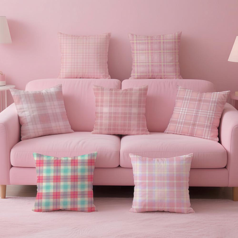 Pink and Purple Tartan Design Cushion Cover Pillow Case Ultra Soft Skin Friendly Fabric Cloud Like Comfort Concealed Zipper