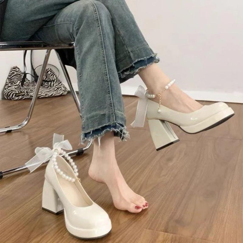 Fashion Lolita Shoes Women Japanese Mary Jane Heeled Shoes Women Retro Pearl Bow Ankle Strap High Heel Platform Shoes Chaussure Femme