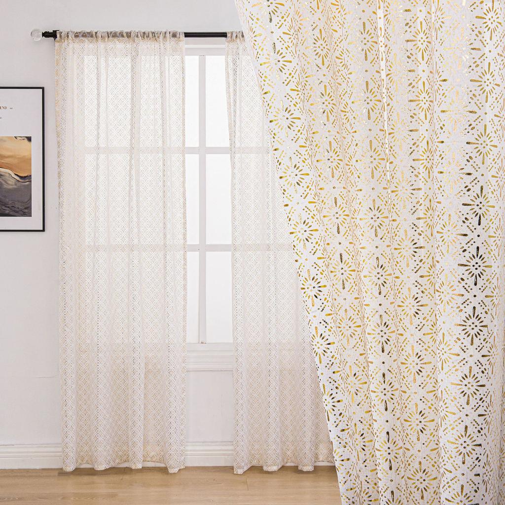 Living Room Sheer Curtain – European Embossed Pattern, Gold Foil, Semi-Blackout, Rod Pocket Window Drape, 1 Panel