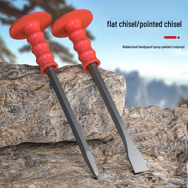 Chrome-Vanadium Steel Stone Masonry Chisel Set - Flat, Pointed, Splitting Chisels with Handle-Wrapped Alloy for Concrete and Cement Work.
