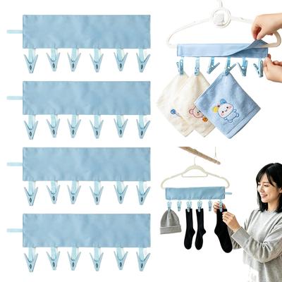 Nalaina Foldable Clothes Drying Clips Set of 4 Portable Hanger Pegs with 6 Each Velcro Fastening Non-Slip Compact Travel Laundry Organizer Blue