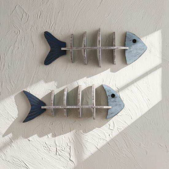 Nautical Wooden Fishbone Wall Decor Rustic Skeleton Fish Floating Shelf Coastal Wall Mounted Display