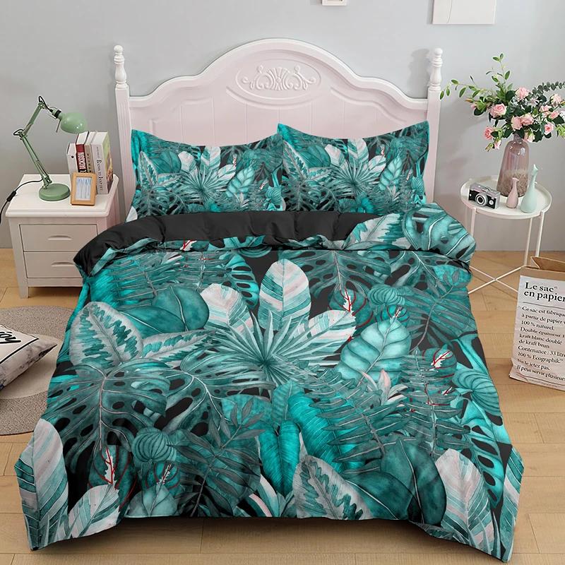 Tropical Botanical Leaves King Queen Duvet Cover Green Palm Leaves Polyester Bedding Set for Kids Teens Adults with Pillowcase