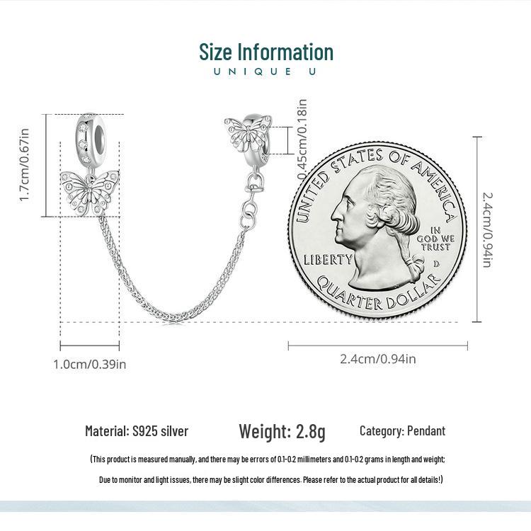 925 Sterling Silver Butterfly Safety Chain with Silicone Beads for DIY Bracelets