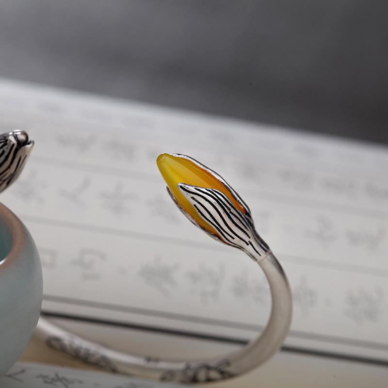 Personality Lotus Leaf Design Chalcedony Stone Ethnic Style Vintage Thai Silver Ladies Bangle Jewelry For Women Birthday Gifts