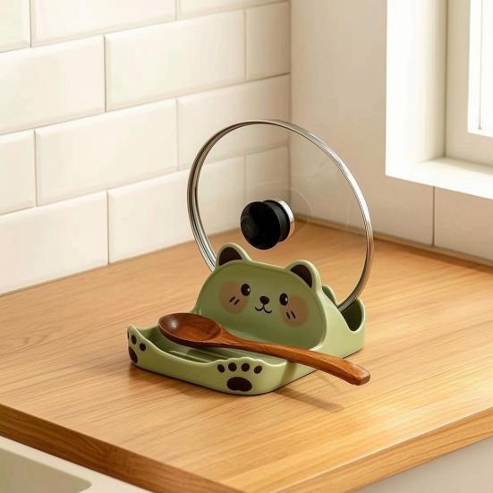 Decorative Kitchen Counter Organizer Cute Bear Pot Lid Holder for Countertop, Multipurpose ABS Plastic Spatula Spoon Rest, Easy Clean Cooking Utensils