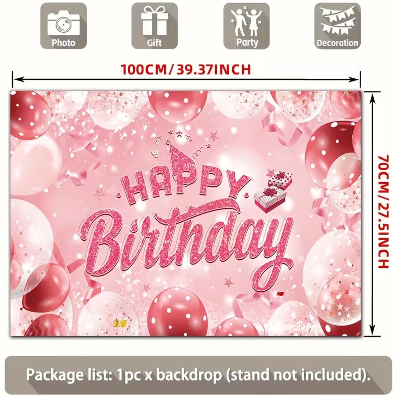 2D Pink Glitter Happy Birthday Backdrop with Polka Dot Balloons Photo Booth Banner