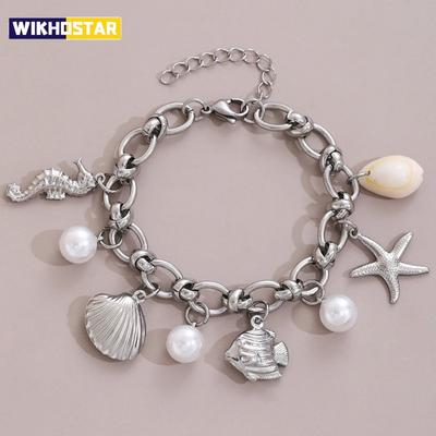 Summer Beach Stainless Steel Bracelets for Women Starfish Shell Ocean Style Pendant Bohemian Jewelry Gift Fashionable ResortWear