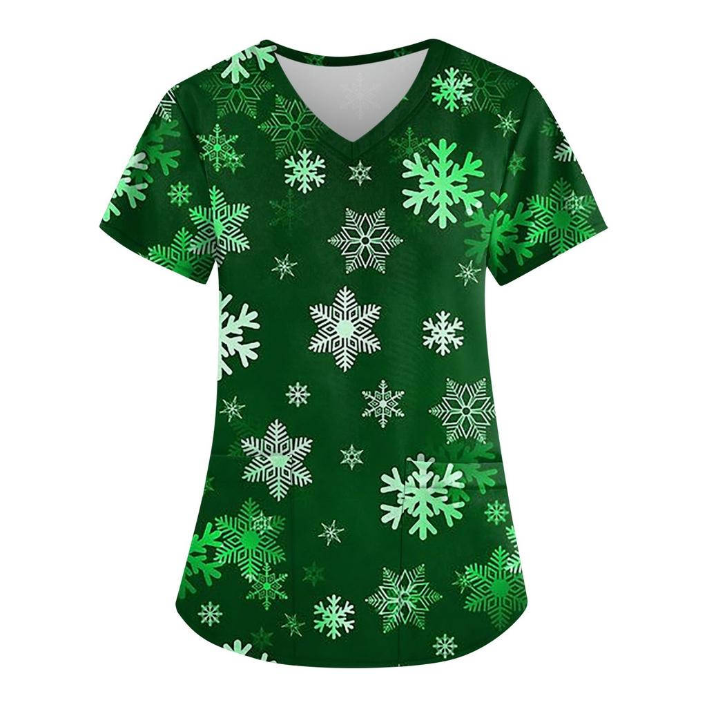 Kvinners mote juletrykt kortermet V-hals topp liten lommearbeid T-skjorte