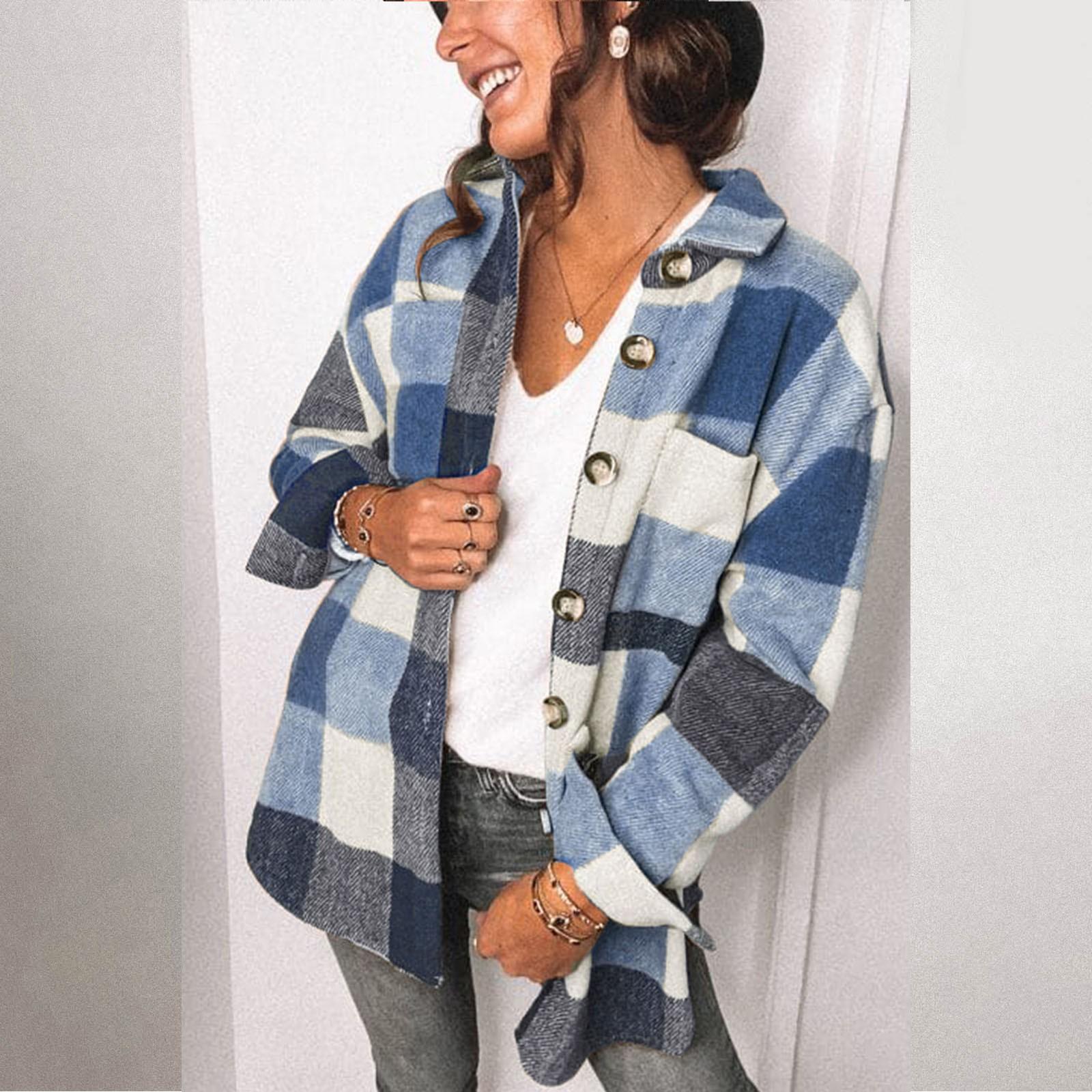 

Женская повседневная модная однобортная клетчатая рубашка с лацканами, среднее шерстяное пальто XL