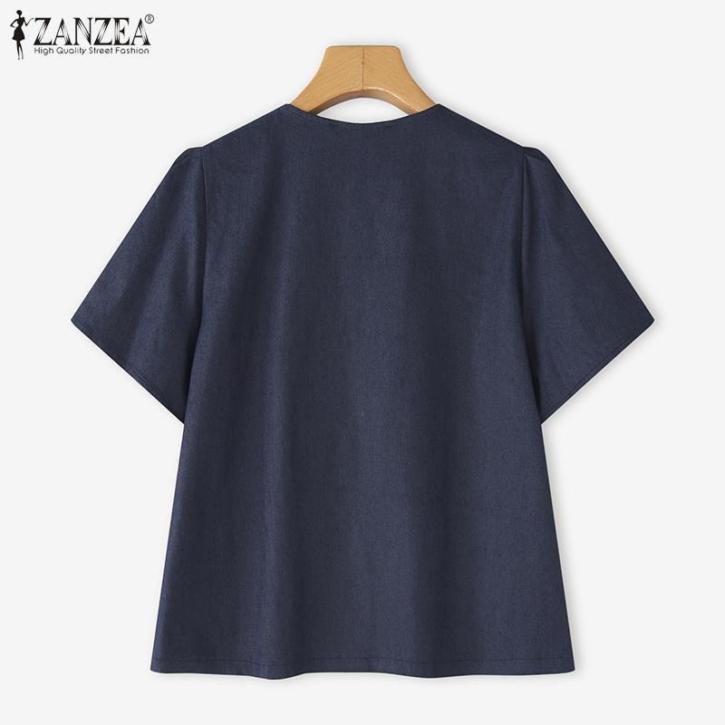 ZANZEA Women Casual Round Neck Button Short Sleeve Blouse
