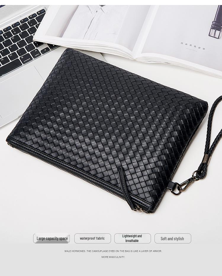 Men's Woven Leather Clutch Wallet - Large Capacity Soft Handbag & Phone Holder