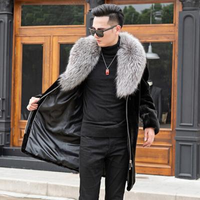 Casaco de vison masculino veludo de cabelo de vison slim fit longo oversized gola de pele de raposa prateada casaco de pele de vison inteiro