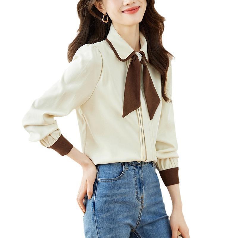 Women's Red French Doll Collar Tie Shirt - 2025 Autumn/Winter Long Sleeve Versatile Top