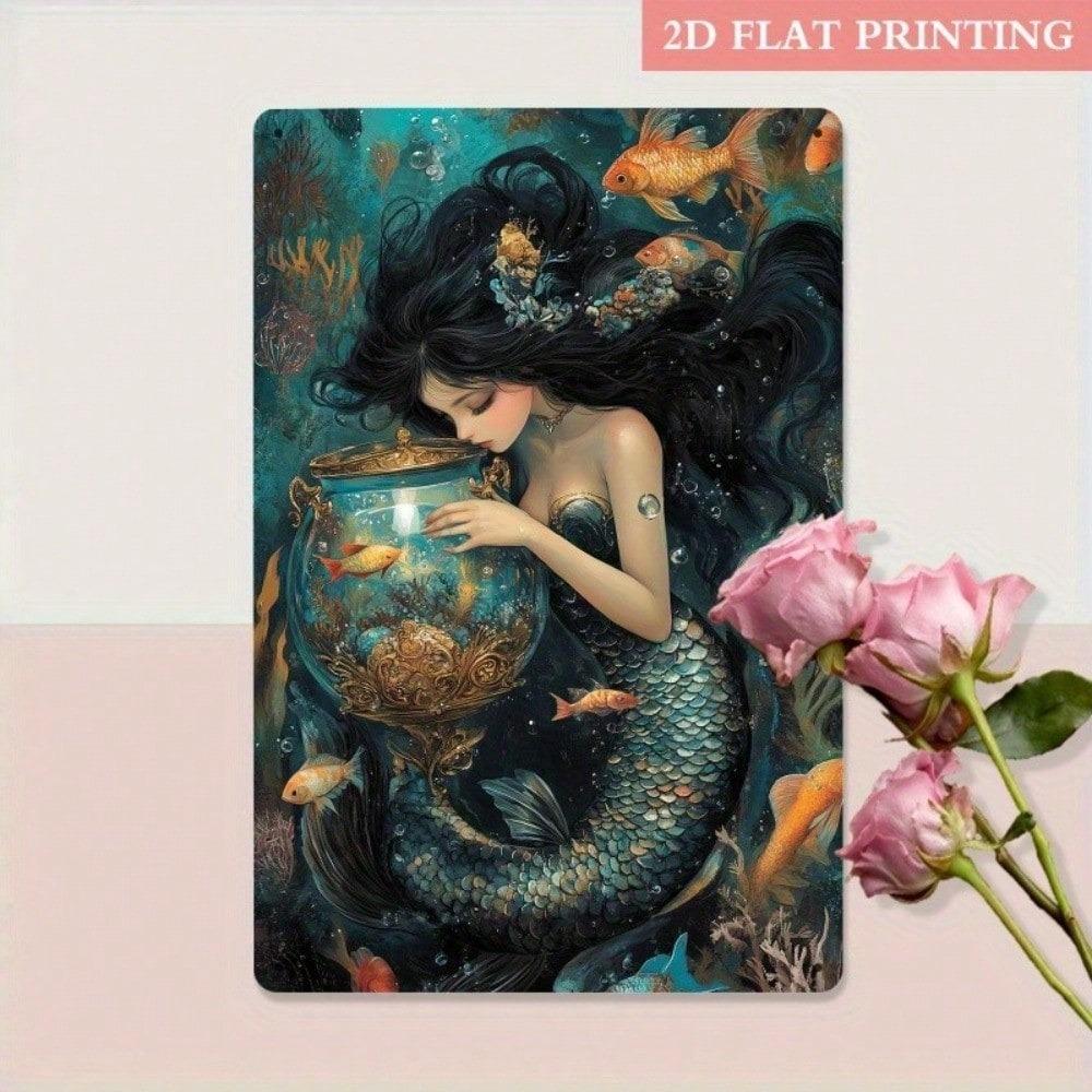 Metal Tin Sign Vintage Mermaid Goldfish Art 8x12 Inch Rustic Home Wall Decor Garage Bar Cafe