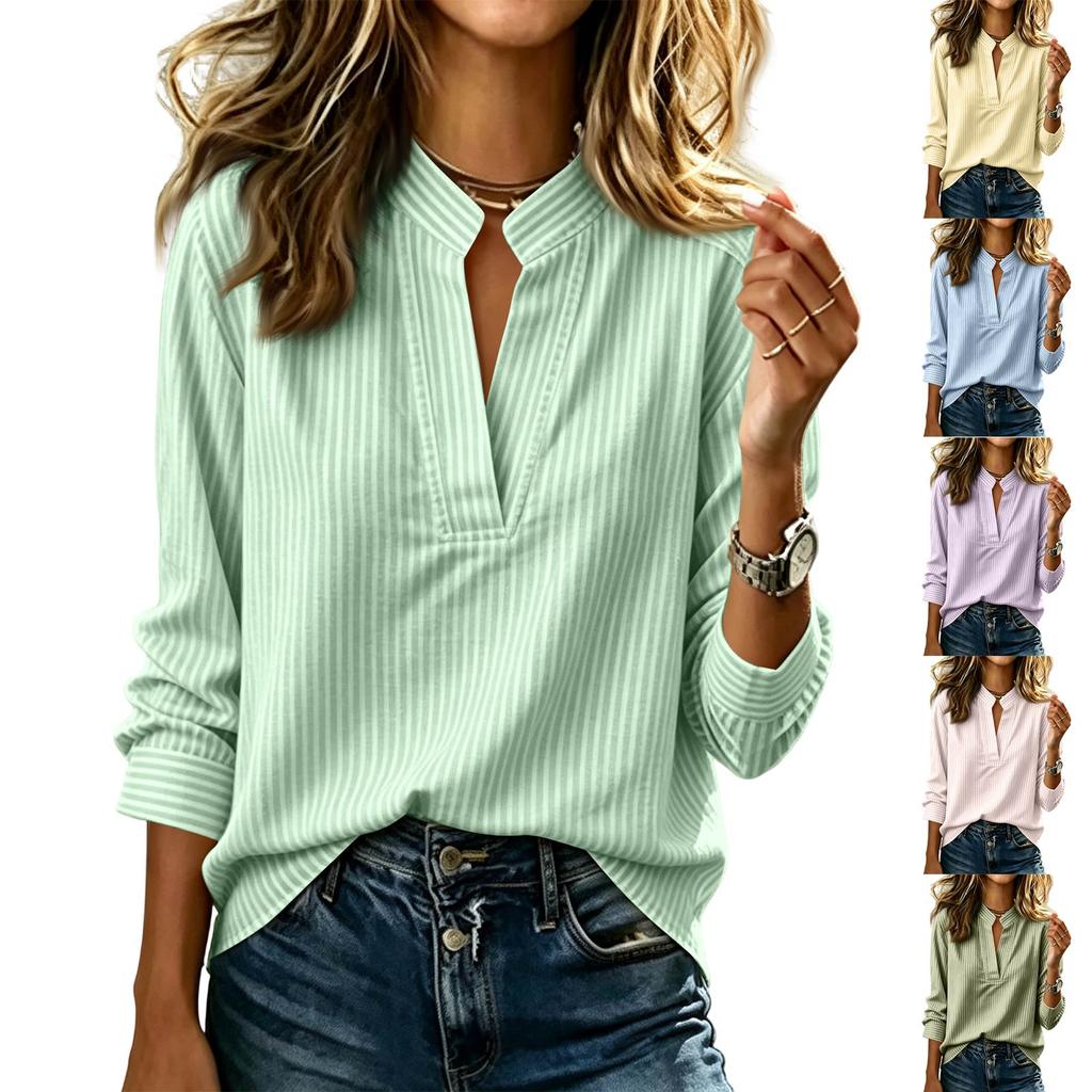 Women's Long Sleeve Striped Pullover Blouse Loose Fit Casual Top for Spring Fall