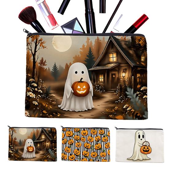Retro Pumpkin Storage Halloween Makeup Bag, Scratch Resistant Durable Canvas Holiday Theme Stationery Bag Zipper Toiletry Pouch, for