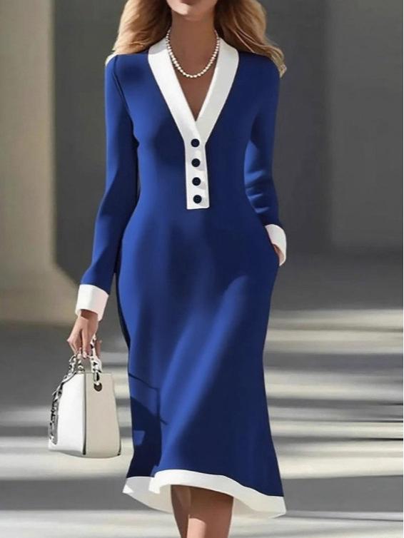 2026 European & American Elegant V-Neck Color Block Mid-Length Spring/Autumn Dress