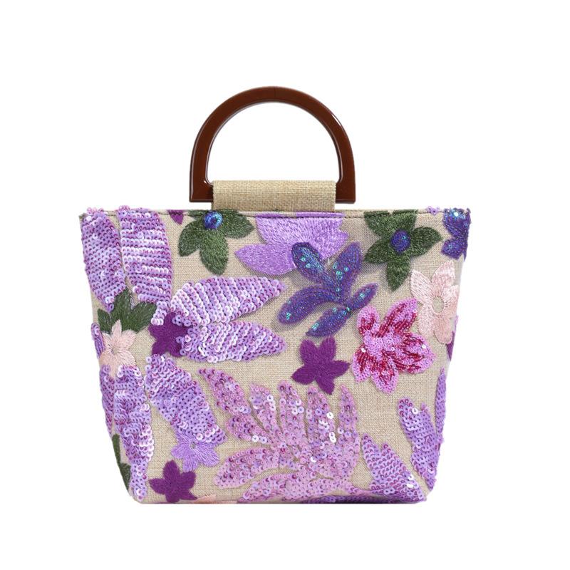 Summer New Arrival Bamboo Handle Elegant Colorful PVC Sequins Linen Embroidery Handheld Tote Bag for Women - Versatile