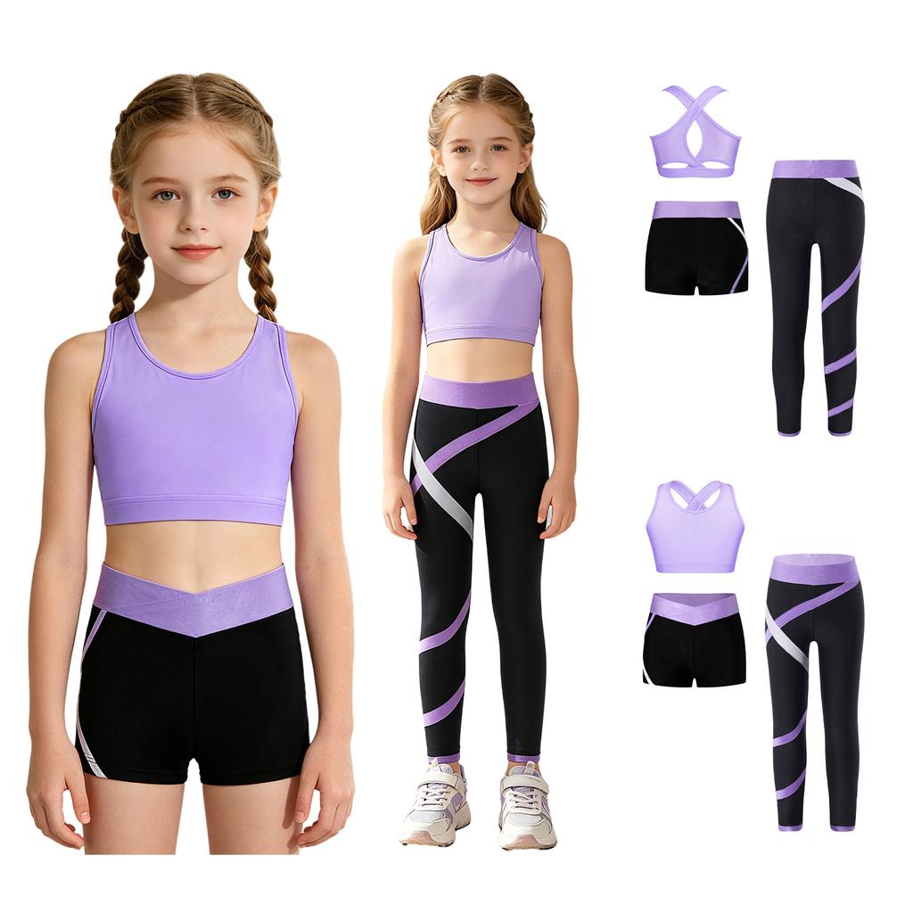 Tuta da ballo per bambini, 3 pezzi, reggiseno sportivo con canotta incrociata, pantaloni da yoga, leggings, pantaloncini da balletto