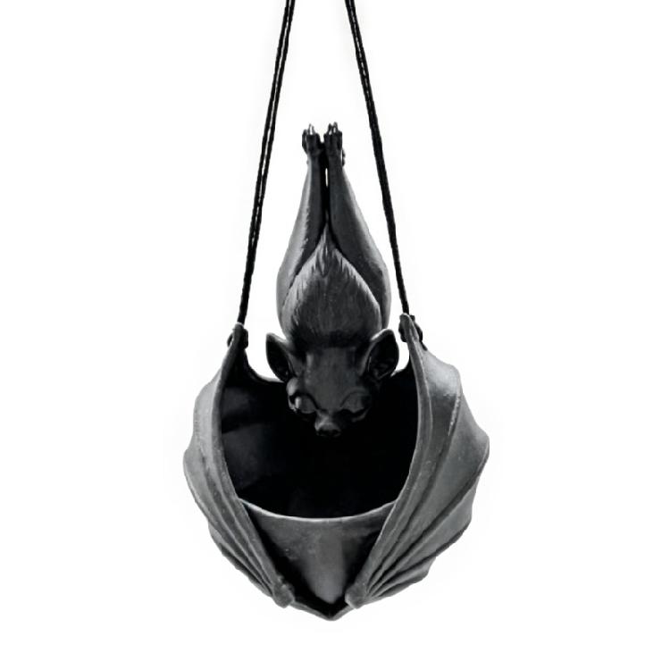 Black Flower Pot With Bat Form and Hanging Cord, Gothicism Bat Planter for Small Foliage, Trailing Foliage and Vertical Indoor Displays for Room Use