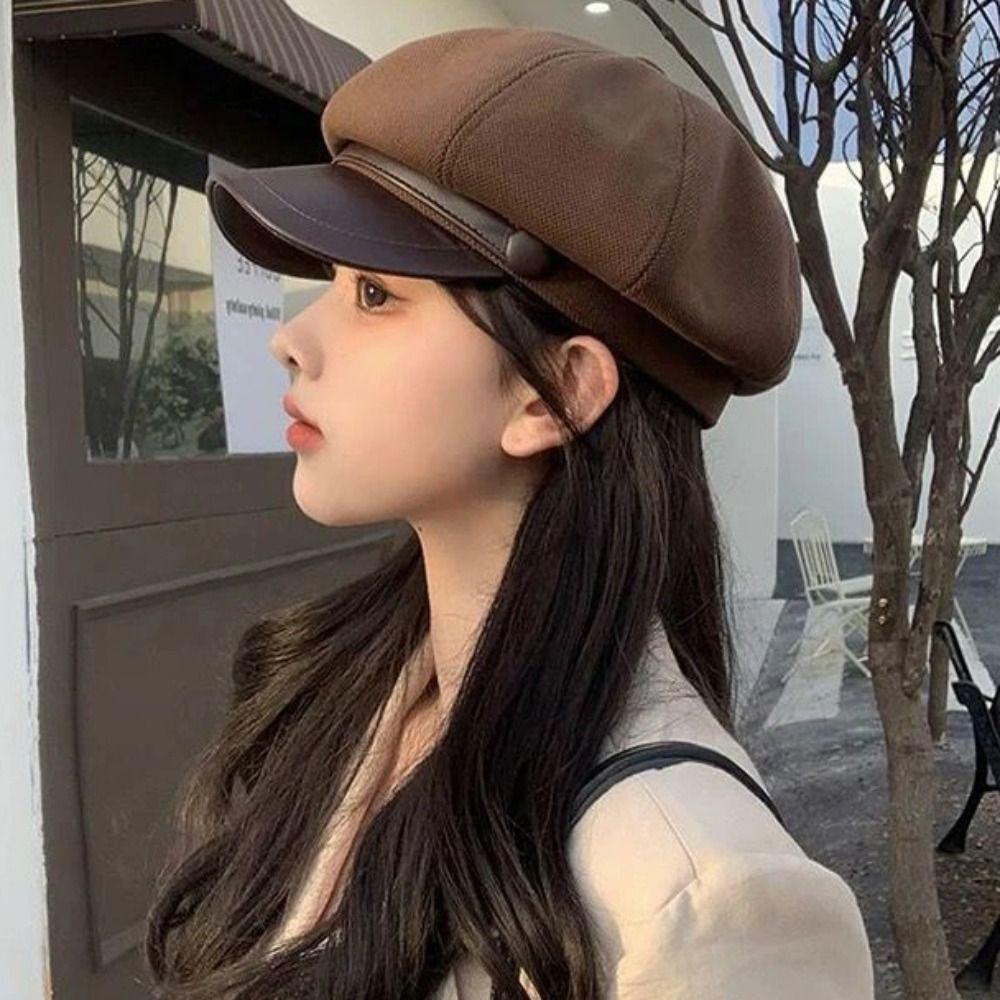 Retro Wool Octagonal Hat Korean Style Painter Hat Fashion Pu Leather Beret  Travel