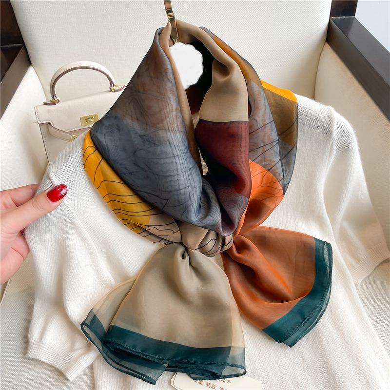Flower Color Matching Scarf Women's Large Size Fashion Simulation Silk Commuting Sunscreen Light Luxury Silk Scarf Large Shawl Soft Yarn Scarf