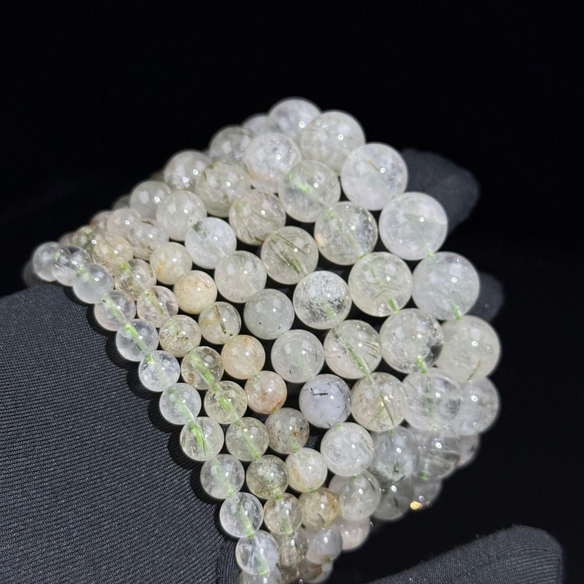 Natural Translucent Green Rutilated Quartz Crystal Thousand-Layer Round Bead Bracelet