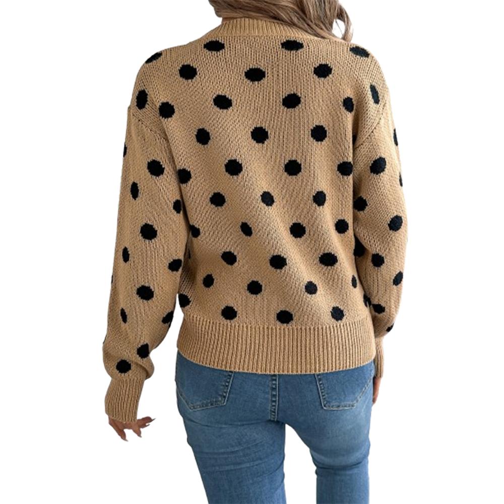 Women's Knitted Sweater Crew Neck Long Sleeve Polka Dot Print Pullover Jumpers Soft Knitwear Tops