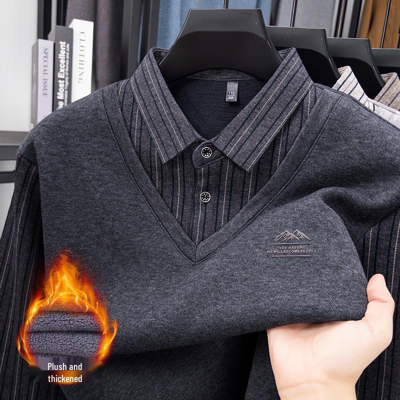 Men's Winter Striped Knitted Sweater - Faux Two-Piece with Turn-Down Collar, Fleece Lined