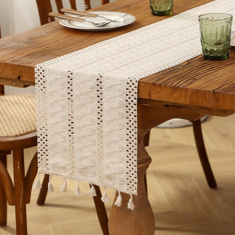 With Tassels Linen Table Runner Rustic Style Beige Color Bohemia Table Runner Solid Color Farmhouse Design Solid Table Flag