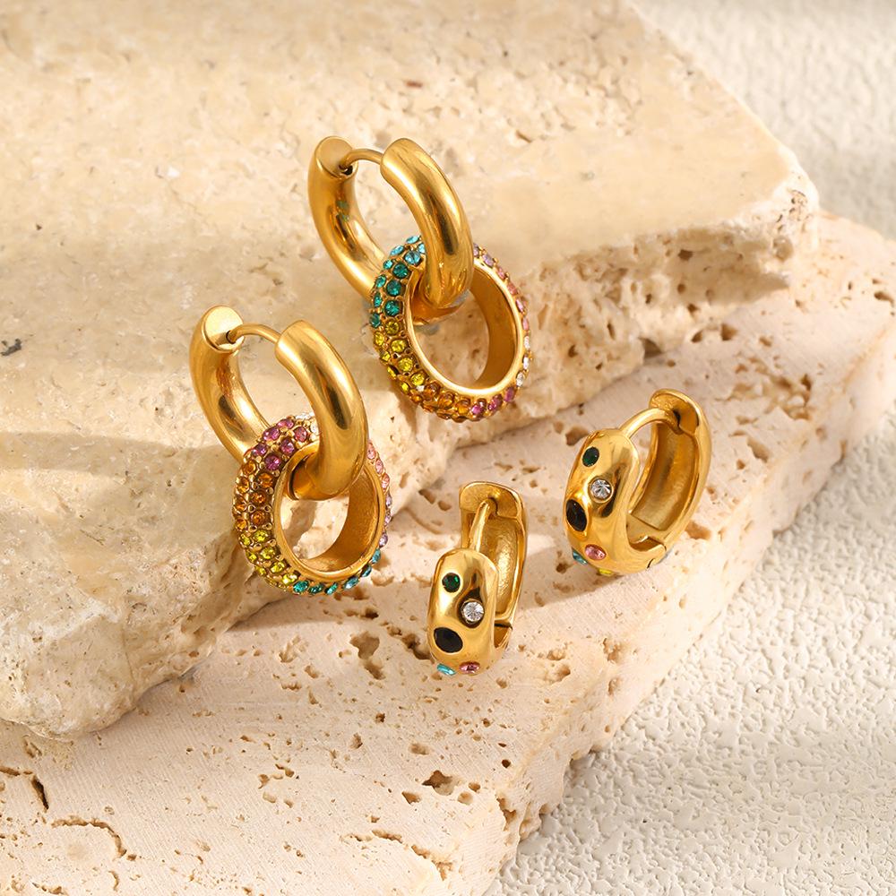 18K Gold Plated Geometric Light Luxury Earrings with Titanium Steel, Colored Diamond, and Pearl Moon Design for Women