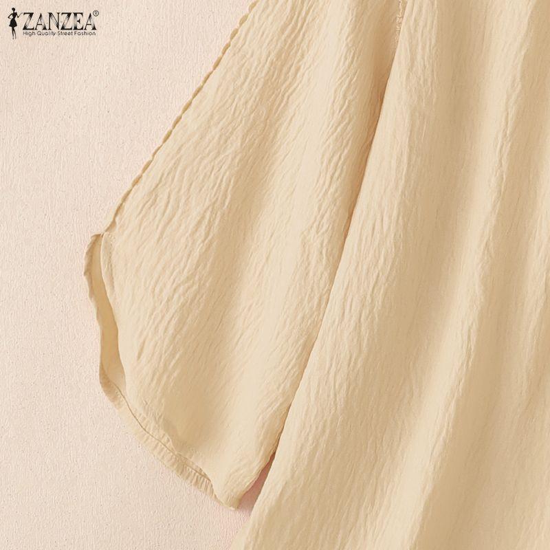 ZANZEA Women Casual Round Neck Solid Color 3/4 Sleeve Blouse