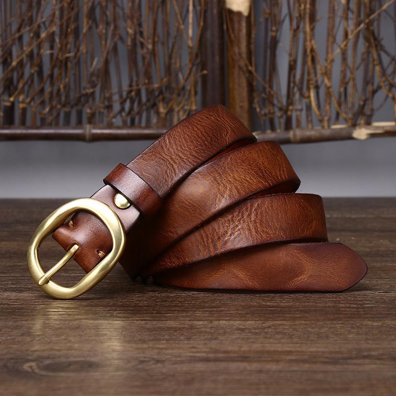 

2024 Ретро плиссированный модный ремень с медной пряжкой для женщин из натуральной кожи первого слоя из чистой коровьей кожи универсальный ремень для джинсов 115cm