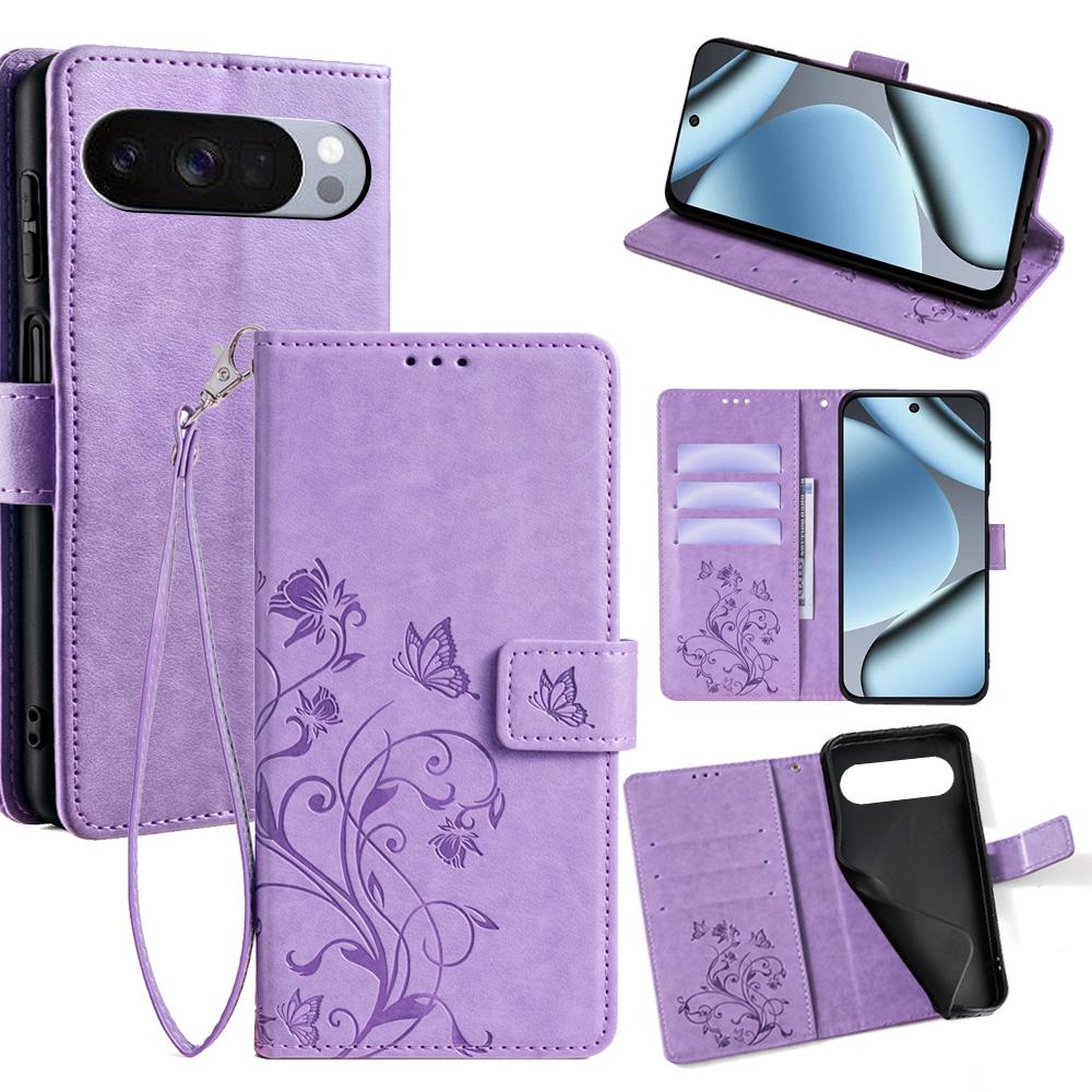 

For Google Pixel 10 Pro XL Case Butterfly Flower Imprinted PU Leather Wallet Phone Cover