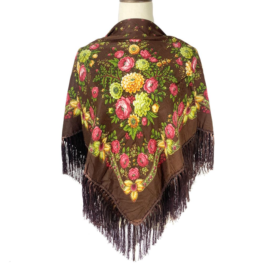 Women Retro Ukrainian Fringed Shawl Babushka Bandana Handkerchief Female Head Wraps Russian Floral Print Square Scarf