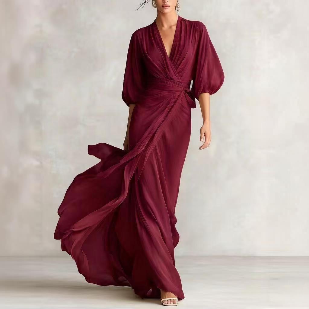 Women's Sheer Chiffon Puff Sleeve Wrap Dress Elegant Floor Length Evening Gown with Flowing Silhouette and Draped Waist Detail