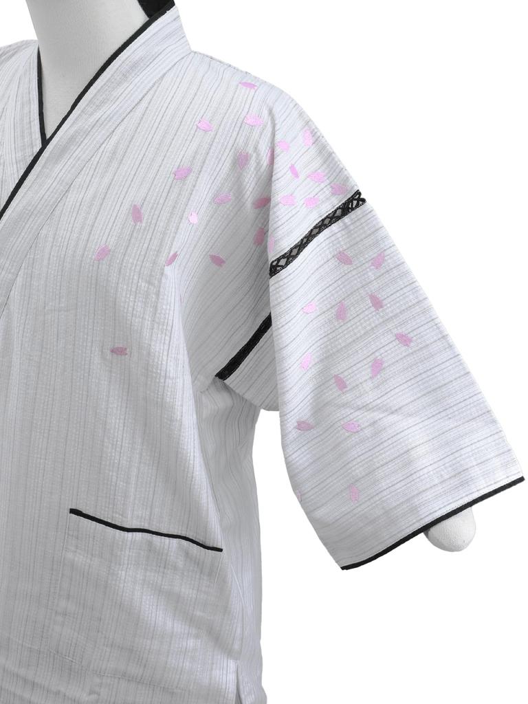 Unisex Jinbei Shijira Weave Cherry Blossom Embroidery Jinbei White White Size [Sara] S-LL Js-23 (L Size)