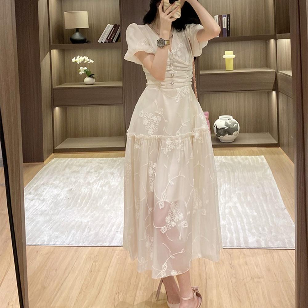 

Elegant V-Neck Bubble Sleeve Embroidery Long Dresses Women s Pearl Button High Waist Temperament Summer Dress Female 2XL абрикосовий