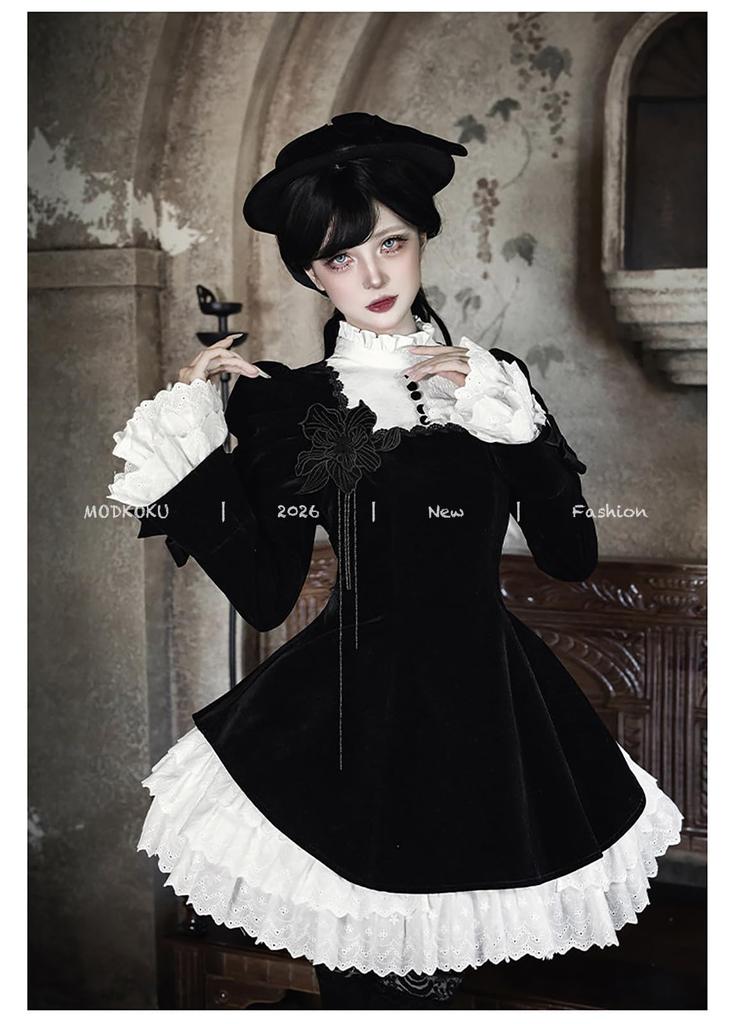 MODKOKU Gothic Lolita Neat and Jabot Ruffle Princess Long Size S Dress, Women's, 3-Layer Tiered, Clean, Ribbon, Lace, Lace-Up, Dress, Dreamy, Cute,