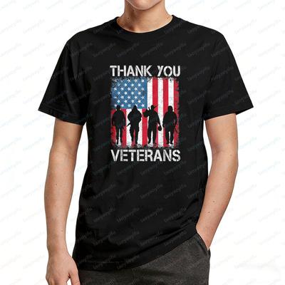 Danke Veteranen T-Shirt Herren USA Flagge Soldaten Silhouette Patriotisches Baumwoll-T-Shirt Veteranentag Vintage Einfache Herrenkleidung