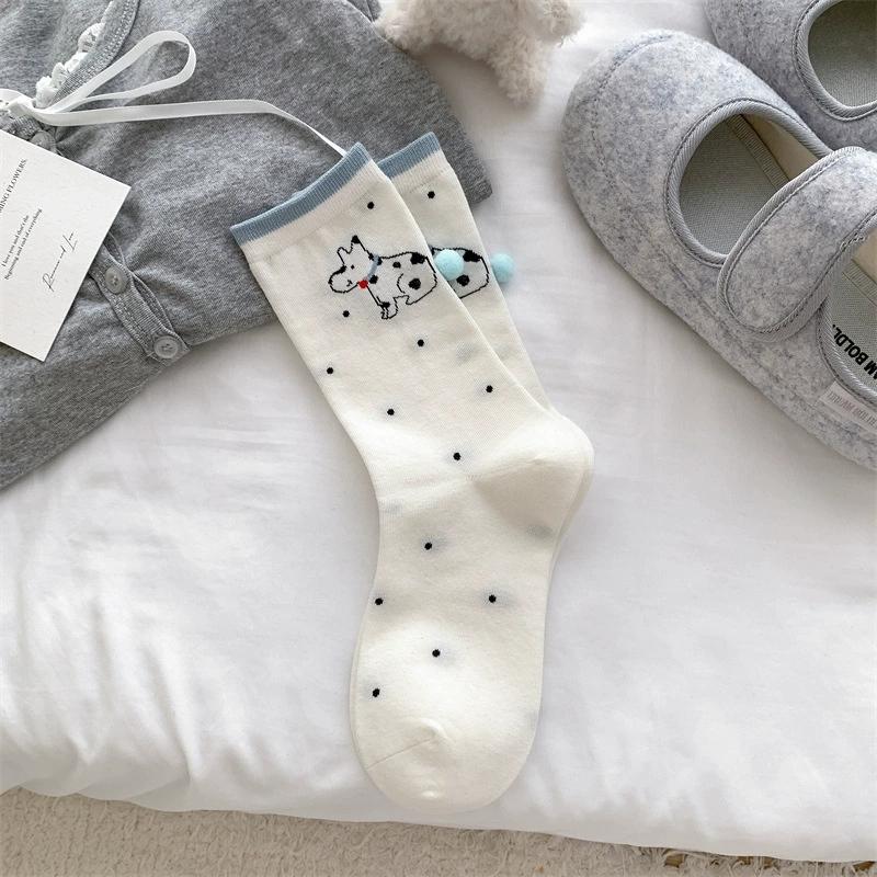

Spring Summer Women Animal Lovely Dog Mid-Tube Beauty Korean Academy Style Boneless Pile Socks Pure Cotton Bow Socks