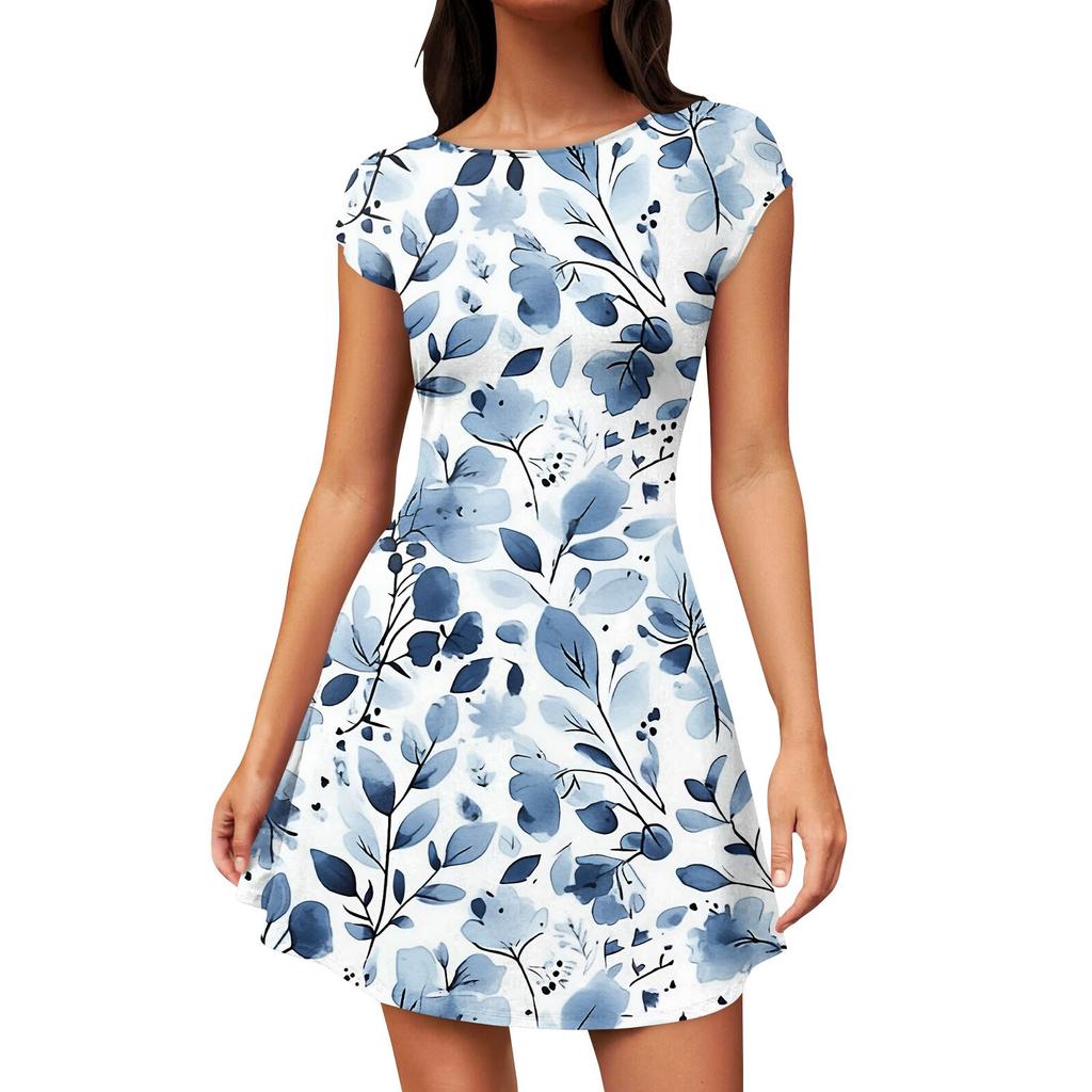 Women's Summer Casual Print Open Back Hat Sleeves T-shirt Dress Round Neck Party Dress