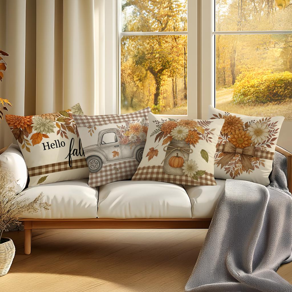 4Pcs/Set 45X45Cm Light Brown Autumn Floral Grid Pillowcase Bedroom Sofa Living Room Cushion Cover 100% Polyester Home Decor